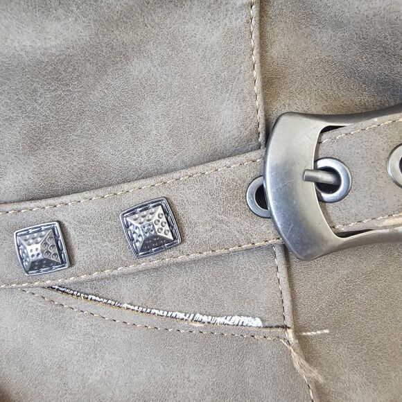 Banana Blue Studded Taupe Knee Tall Boots Sz 9M Buckle Block Heel Moto Fall S129 - Picture 11 of 12